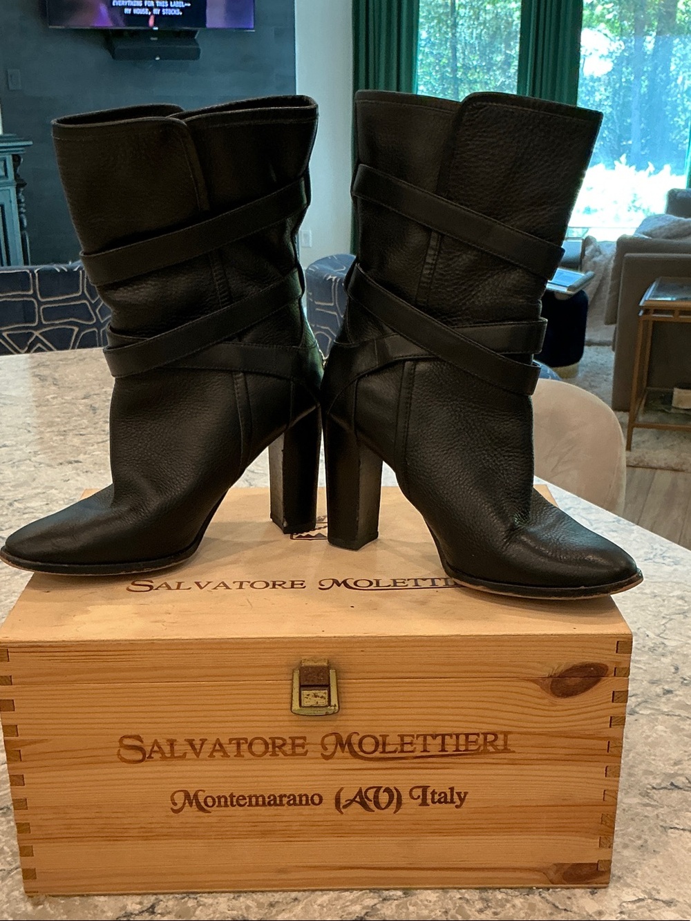 Coach Black Leather Wrap-Strap Mid-Calf Heel Boots
